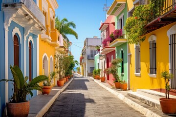 Fototapeta premium Historic street in San Sebastian, a charming neighborhood in Puerto Rico island. Generative AI