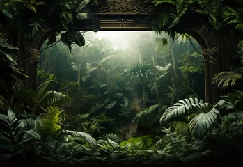 Foto op Canvas Ai Generative Beautiful jungle background with border made of tropical leaves backdrop with copy space © Syed Qaseem Raza