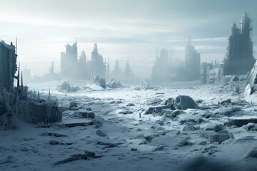 a frozen city, an apocalyptic view made with technology. Generative AI