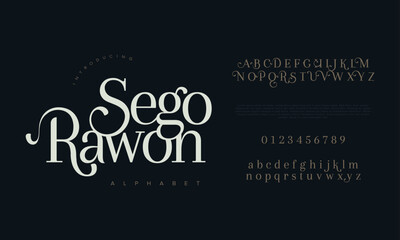Segorawon premium luxury elegant alphabet letters and numbers. Elegant wedding typography classic serif font decorative vintage retro. Creative vector illustration - obrazy, fototapety, plakaty