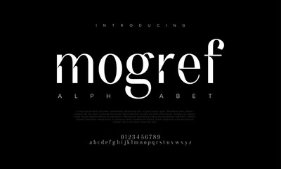 Mogreff premium luxury elegant alphabet letters and numbers. Elegant wedding typography classic serif font decorative vintage retro. Creative vector illustration