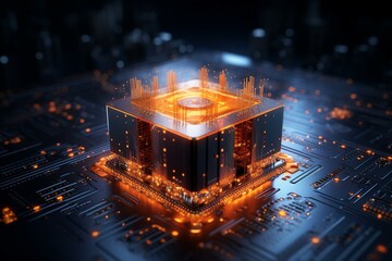 a high-tech quantum computer glowing with bright orange circuitry and incredible computing abilities. Generative AI