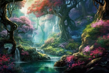 Magical woodland with towering enchanted trees, cascading water, vibrant flora. Illustration of a scenic wallpaper background. Generative AI