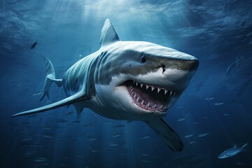 Digital illustration of a fierce tiger shark swimming in the ocean. Generative AI