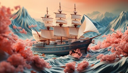 ship on waves - obrazy, fototapety, plakaty