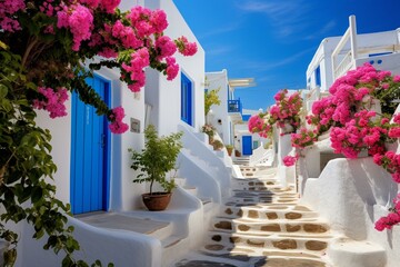 Fototapeta na wymiar Enchanting floral lanes of Greek islands adorned with white houses and blue entrances. Generative AI