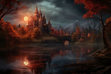 Scenic landscape with fiery castle, trebuchet, mirroring lake, and trees. Generative AI