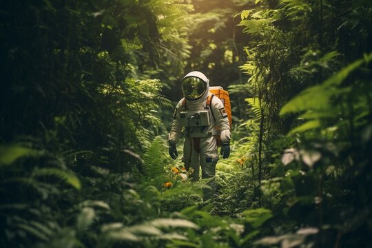 astronaut amidst lush woodland. Generative AI