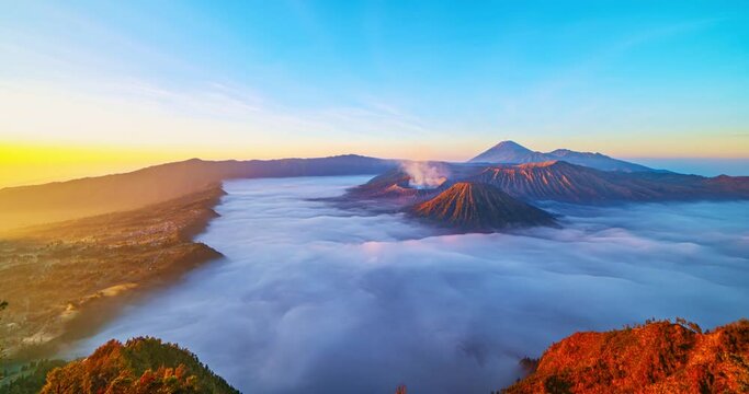 Amazing Mount Bromo volcano during sunrise from king kong viewpoint on Mountain Penanjakan in Bromo Tengger Semeru National Park,East Java,Indonesia.Nature landscape background,Timelapse shot