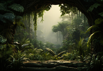 Ai Generative Beautiful jungle background with border made of tropical leaves backdrop with copy space