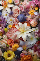 overhead shot of a variety of a bouquet of flowers wild flowers pastel lilac lavender pink white