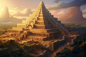 Exploring ancient Babylon, including the Tower of Babel and biblical artifacts. Generative AI - obrazy, fototapety, plakaty