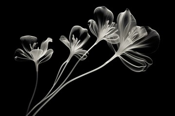 X-ray of freesia flower isolated on black background. Generative AI
