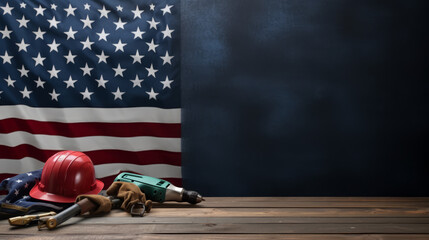 Happy Labor day concept. American flag with different construction tools on dark stone background, with copy space for text.
