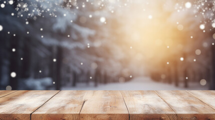 Winter blurred background with wooden table. Great for presentations and greeting cards.