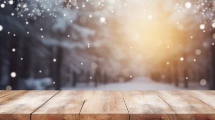 Poster Winter blurred background with wooden table. Great for presentations and greeting cards. © sderbane