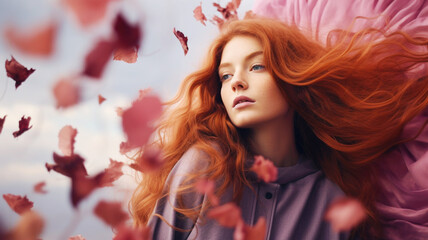 Beautiful long red hair woman with autumn leaves