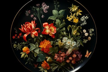 A dark tablecloth dish decorated with blooms. Generative AI