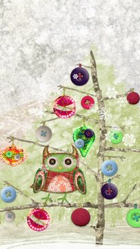 Birds decorating Christmas Tree. Collage-style animation. Vertical video.