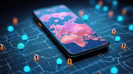 .Smartphone with map, 3D Map pins, GPS, navigator pin checking points, 3D World Map icon, technology and application mobile smart phone with mobile, delivery tracking, transportation, generate by AI