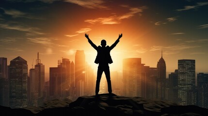 Fototapeta premium Silhouette of business man stand and feel happy on the most hight at stand on sunset, success, leader, teamwork, target, Aim, confident, achievement, goal, on plan, finish, generate by AI