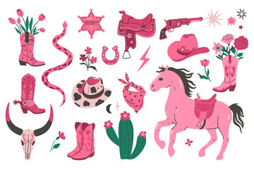 Trendy pink set of items in cowgirl style. Vector graphics. - obrazy, fototapety, plakaty
