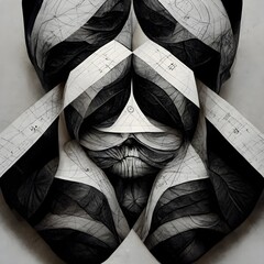 Surreal organic pattern with mechanism and eyes on black zones perspective straight lines with geometrical line figures Fibonacci render with equations following forms black and white vapor on white  - obrazy, fototapety, plakaty