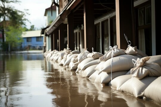 Sandbags protecting against floods while homes are flooded in the background. Generative AI