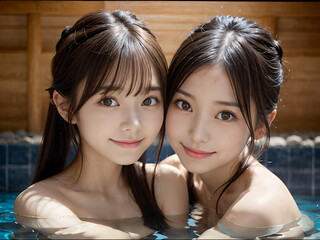 温泉の露天風呂に入浴中の若い女性二人