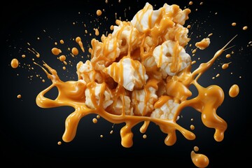 Delicious caramel popcorn swirls in a sweet caramel sauce splash. Perfect for movie ads and design elements. Generative AI