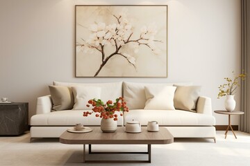 Contemporary living room setup with an elegant beige sofa, a marble coffee table, and a flower vase, all set against a white backdrop. Generative AI