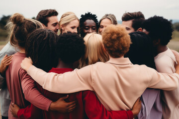 Rearview of diverse people hugging each other.
