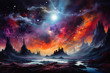 fantasy space galaxy oil painting, cosmos supernova universe paintings