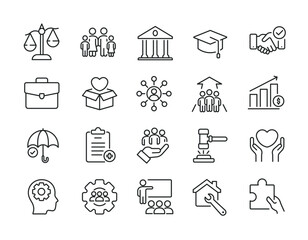 Social policy thin line icons. Editable stroke. For website marketing design, logo, app, template, ui, etc. Vector illustration.