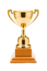 golden and shiny trophy on the podium, isolated on a white background PNG