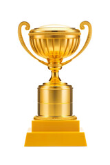 golden and shiny trophy on the podium, isolated on a white background PNG