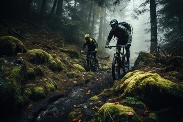 Obraz premium cyclists going down a mountain slope in the forest
