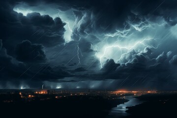 Night storm with dark cloud, thunder and lightning, heavy rain in summer. Generative AI - obrazy, fototapety, plakaty