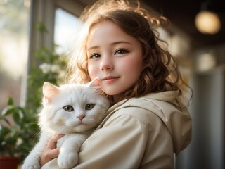 Beautiful cute girl embracing a cute white cat, looking at the camera 