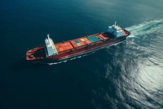 Aerial view of cargo vessel at sea. Generative AI
