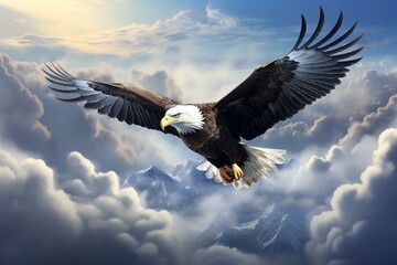 An eagle flying above clouds. Generative AI - obrazy, fototapety, plakaty