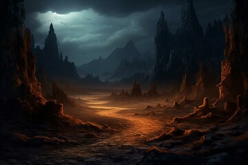 Concept art depicting a mysterious road leading into uncharted territory. Generative AI