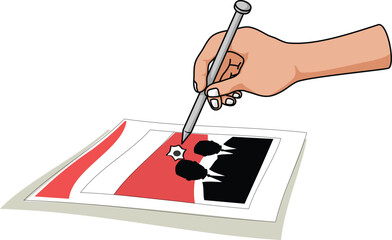 Hand holding a nail for voting president candidate image on ballots in the booth. Presidential election in Indonesia. Vector illustration.