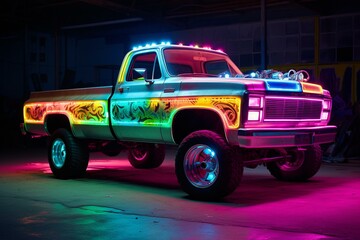 neon lights dodge truck. Generative AI - obrazy, fototapety, plakaty