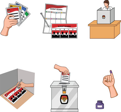 Indonesian election day as name pemilu or pilpres or presidential election concept. Voting steps, voting both, inked finger and ballot paper. 