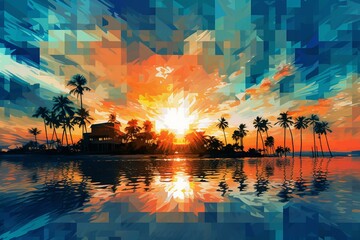 Pixelated artwork depicting a beachscape. Generative AI