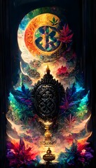 rainbowcore black buddha glowing surrounded by marijuana leaves with the sun shining with the moon with detailed mandala filled with fractals bioluminescence glowing runes denoise symmetrical 