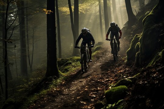 cyclists going down a mountain slope in the forest