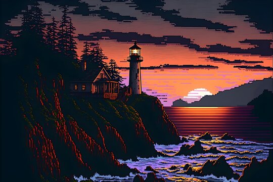 a 2D 8bit video game heceta head lighthouse in oregon sunset cinematic 