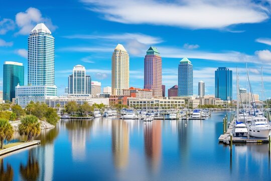 Panoramic skyline view of downtown Tampa, Florida showcasing Hillsborough Bay and Riverwalk. Generative AI